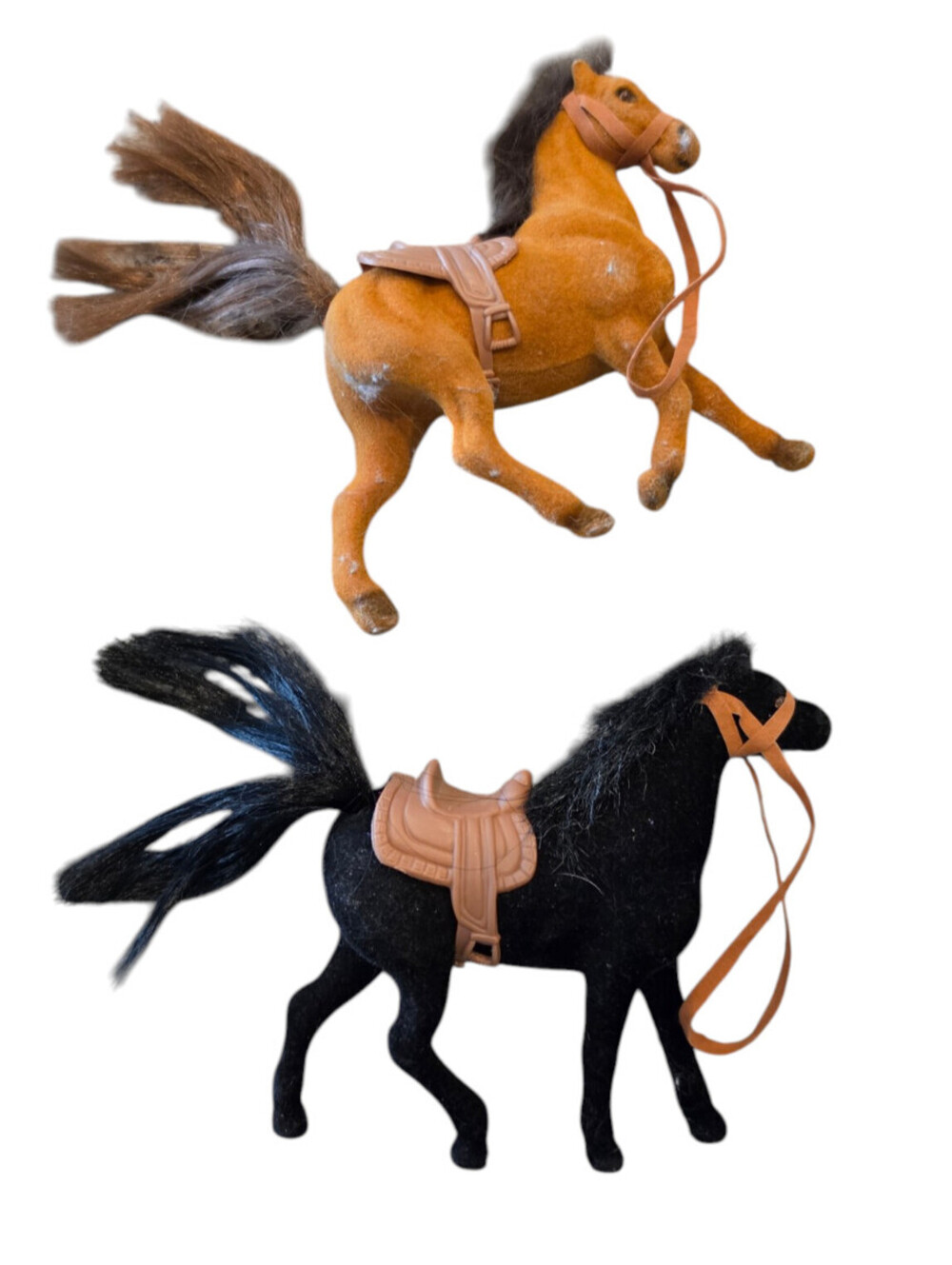 Lot 2 Vintage Flocked Horses Brown Black Saddle Small
